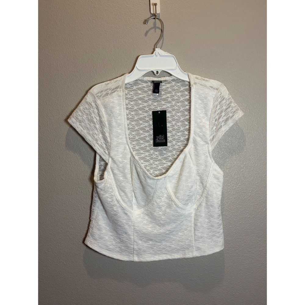 Wild Fable Women Off-White Lace Short Sleeve Bustier Crop Top Large NWT